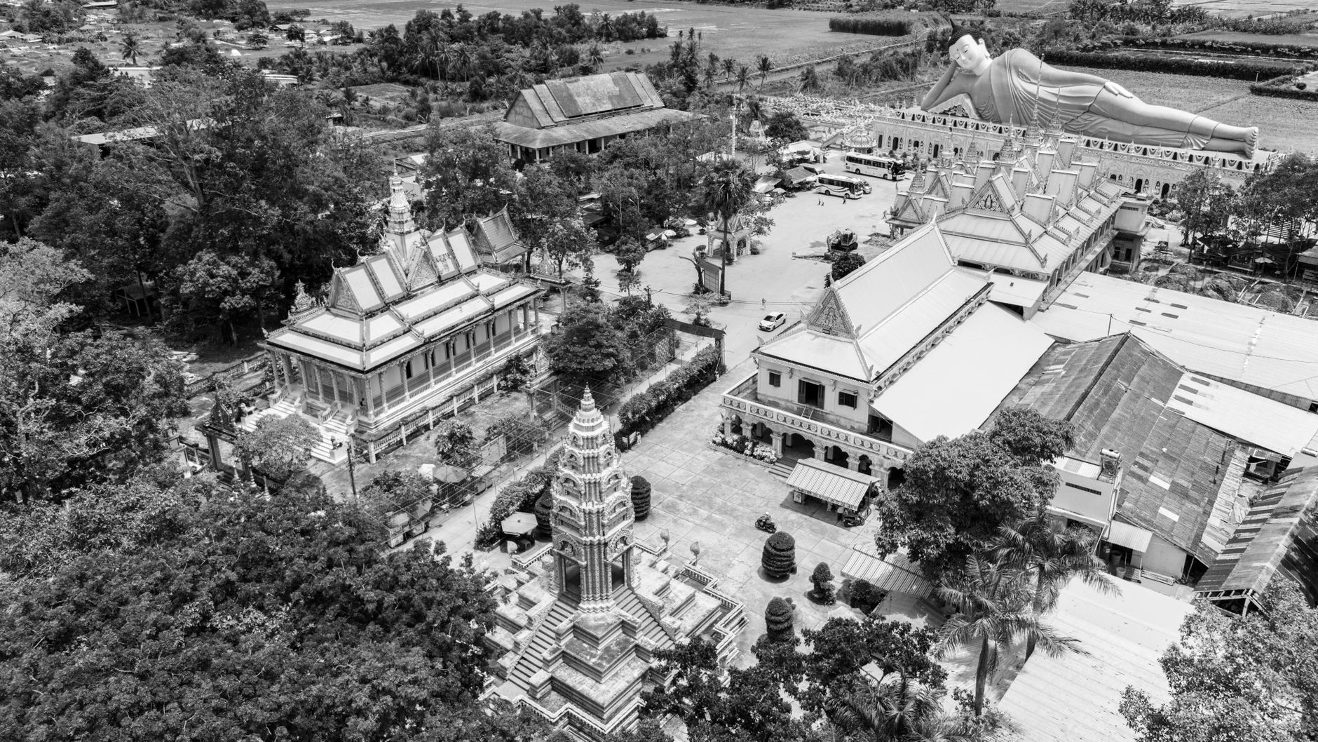 Stunning aerial view of Som Rong Pagoda, showcasing Khmer architecture in Soc Trang, Vietnam.