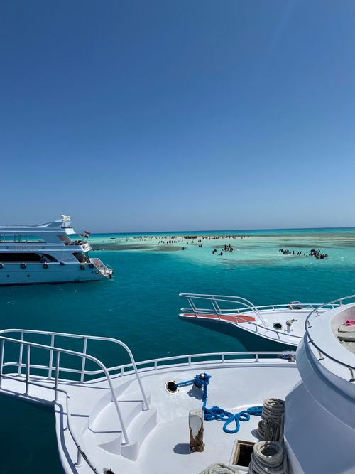 Free Luxury yachts cruise on vibrant turquoise waters near a sandy beach, under a clear blue sky. Stock Photo