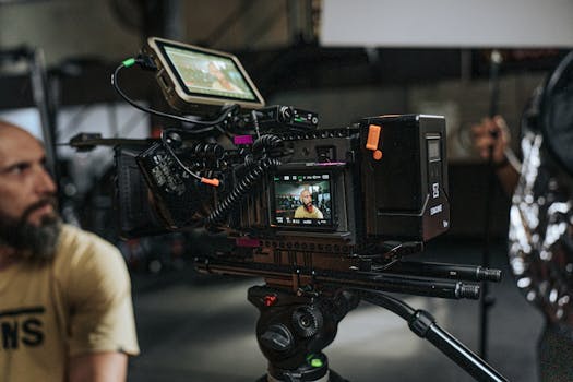 Close-up of a professional film camera setup with crew on a movie set, capturing behind-the-scenes action.