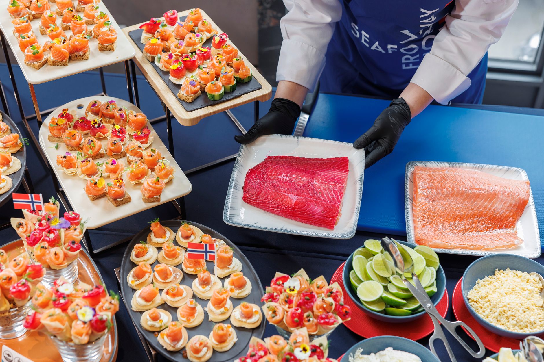 Colorful seafood buffet featuring fresh salmon and Norwegian flags, showcasing a variety of gourmet appetizers.