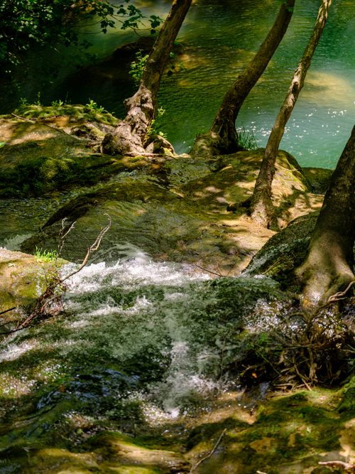 Free A tranquil waterfall flowing over rocks amidst a lush sunlit forest, showcasing nature's beauty. Stock Photo