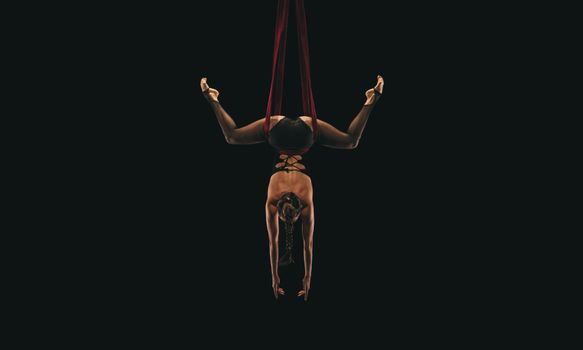 Aerial performer suspended in silk exhibiting a graceful pose against a dark background.