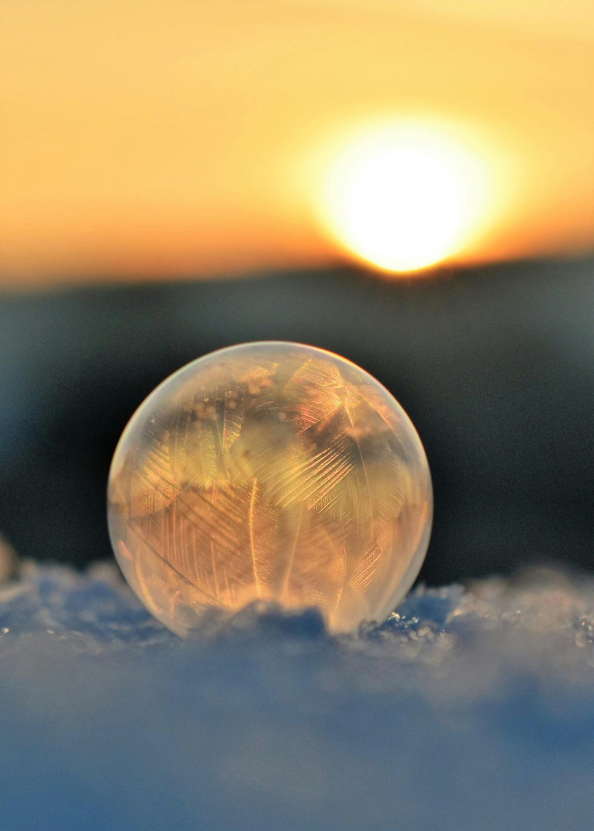 日没時に空を背景に凍ったシャボン玉 無料の写真素材