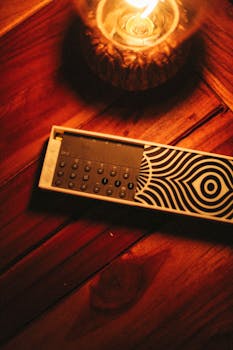 Unique remote control decoratively styled and photographed by candlelight on a wooden table.