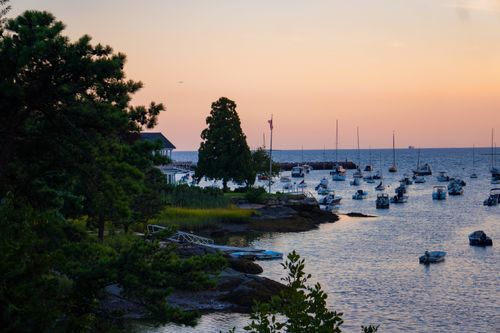 Free A tranquil harbor at sunset featuring numerous boats and lush greenery, offering a serene coastal view. Stock Photo