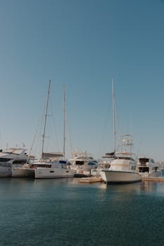 Peaceful view of yachts docked in La Paz harbor under a clear blue sky.
