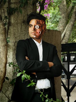 Cosplayer with intricate half-face makeup posing outdoors in a suit among trees.