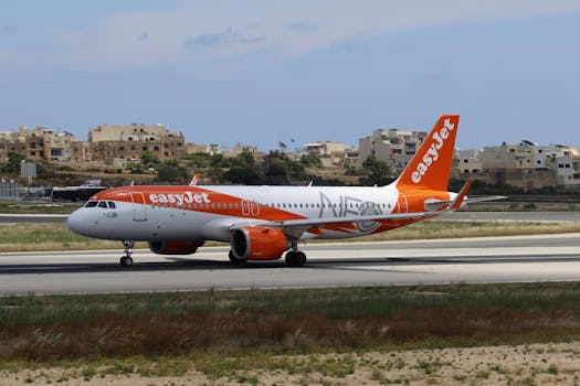 An EasyJet airplane preparing for takeoff on a sunny day at the airport.