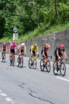 Competitive road cyclists in action during a group race, along a scenic roadside.