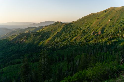 Free Breathtaking view of the verdant Wasatch Mountains during summer sunrise, capturing the beauty and peacefulness of nature. Stock Photo
