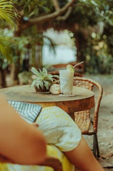 Charming outdoor scene with lemonade and hammock in tropical Palomino, Colombia.