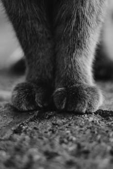 Artistic black and white image of a cat's paws on textured ground.
