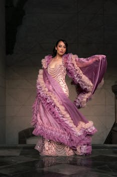 A striking portrait of a woman in a flowing purple couture gown, exuding elegance and poise.