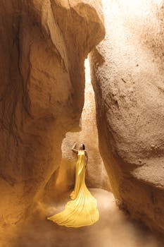 A woman in a striking yellow dress poses confidently amid towering rock formations in Türkiye.