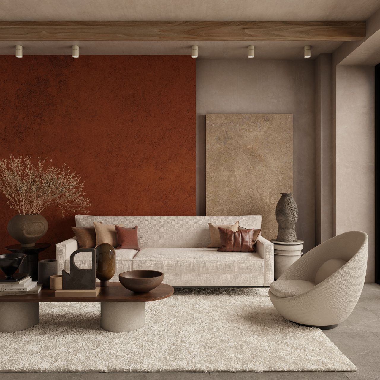 Living room decorated in warm earth tones with terracotta accents