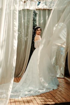 Bride in lace gown posing outdoors surrounded by flowing curtains and soft sunlight.