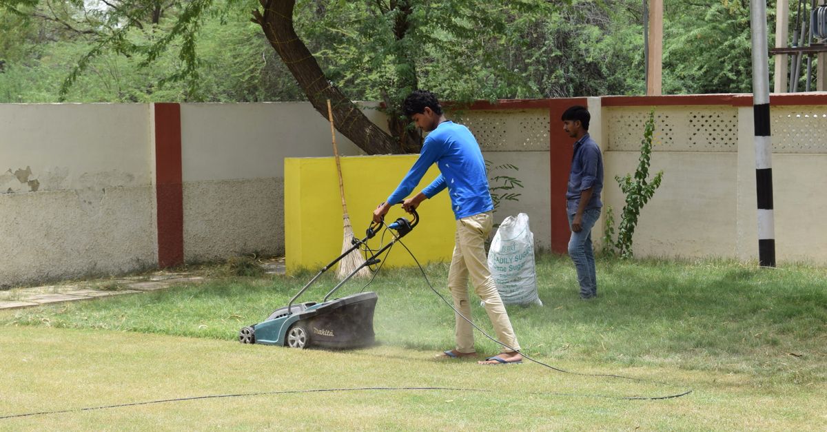 Young men working together on lawn maintenance with a mower in a sunny garden setting.