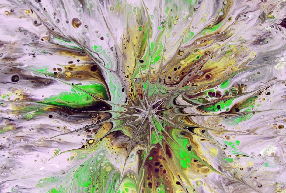 Vivid fluid art featuring dynamic green, yellow, and brown swirls creating a captivating pattern.