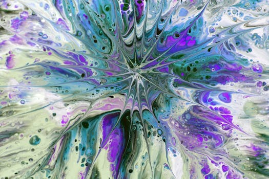 Colorful abstract acrylic pour painting with vibrant swirls in blues, greens, and purples.
