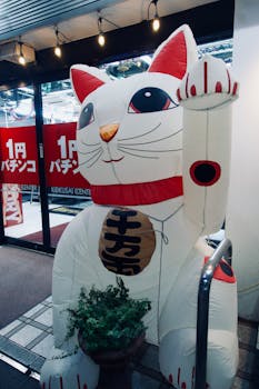 Large inflatable Maneki Neko cat welcoming customers to Japanese shop.