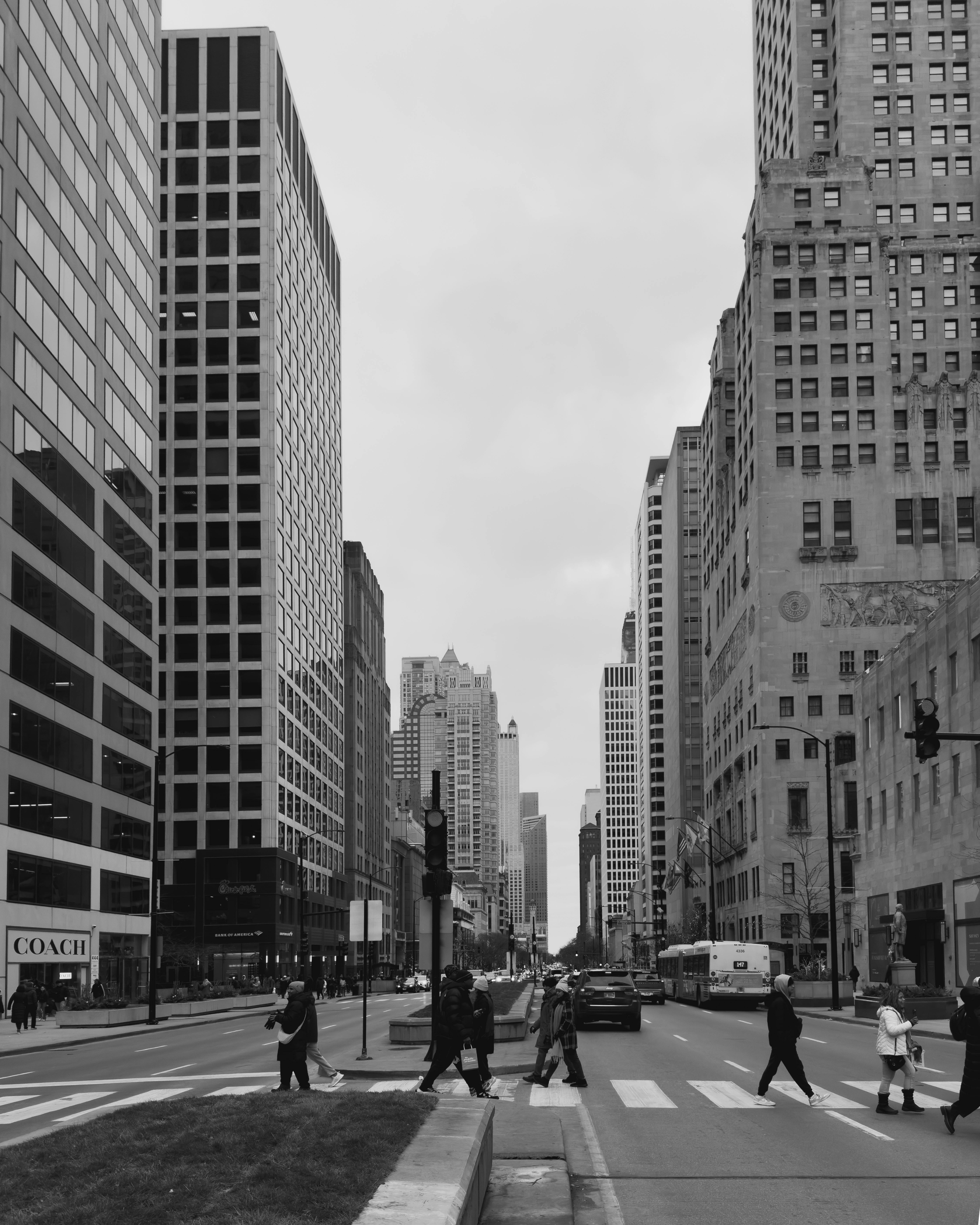 Monochrome Photo of a Road Between Tall Buildings · Free