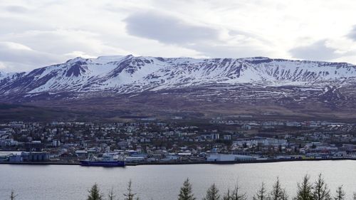 Akureyri fjord with snow-capped mountains in northern Iceland