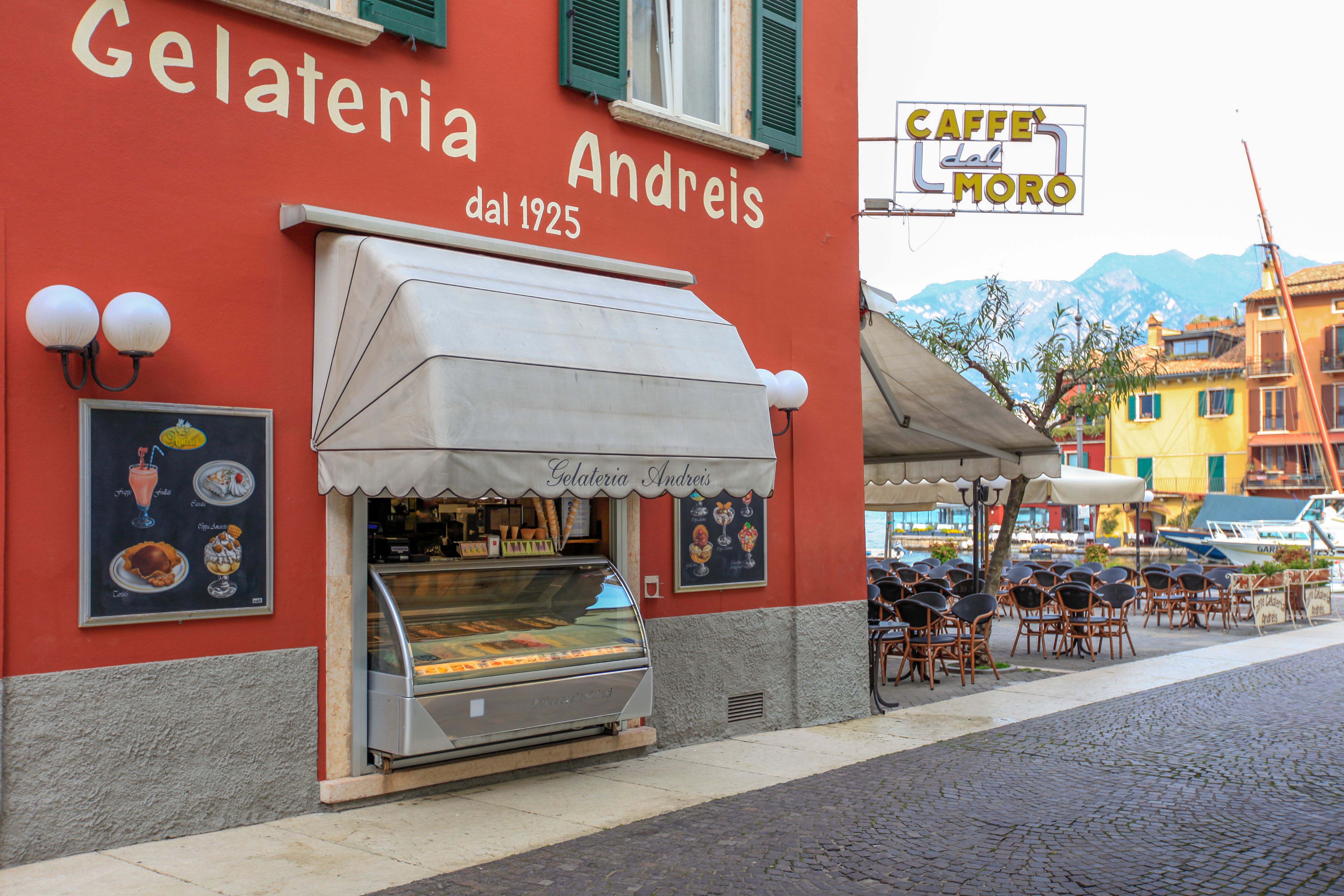 Discover the historic Gelateria Andreis in Salò, Italy, surrounded by picturesque architecture.