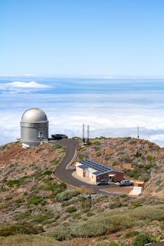 Aerial view of an observatory on La Palma, surrounded by clouds and landscape.