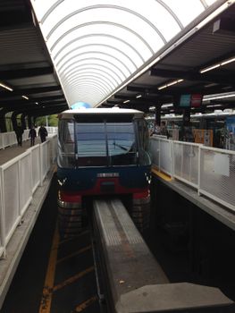 Front view of the iconic Seattle Monorail at a downtown station, showcasing modern urban transport. — photo by Travelling Tourist