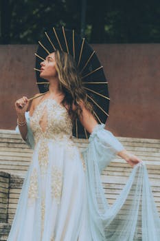 Graceful young woman in a flowing dress holding a black umbrella outdoors, exuding elegance and style.