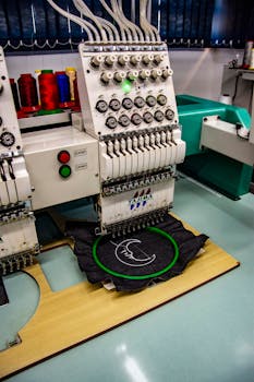 High-quality embroidery machine stitching fabric in an industrial setting in Apucarana, Brazil.