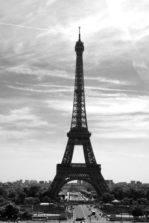 Free Striking black and white image of the Eiffel Tower set against a dramatic Paris skyline. Stock Photo