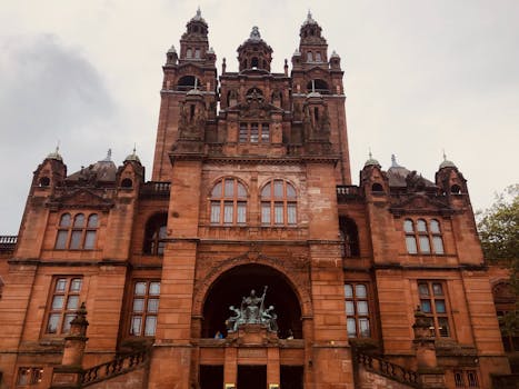 Majestic facade of Kelvingrove Art Gallery in Glasgow, Scotland under cloudy skies.