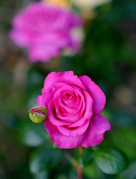 Close-up of a vibrant pink rose in full bloom with a budding flower, showcasing natural beauty.