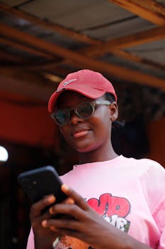 Stylish teenager using smartphone outdoors, wearing sunglasses and red cap.