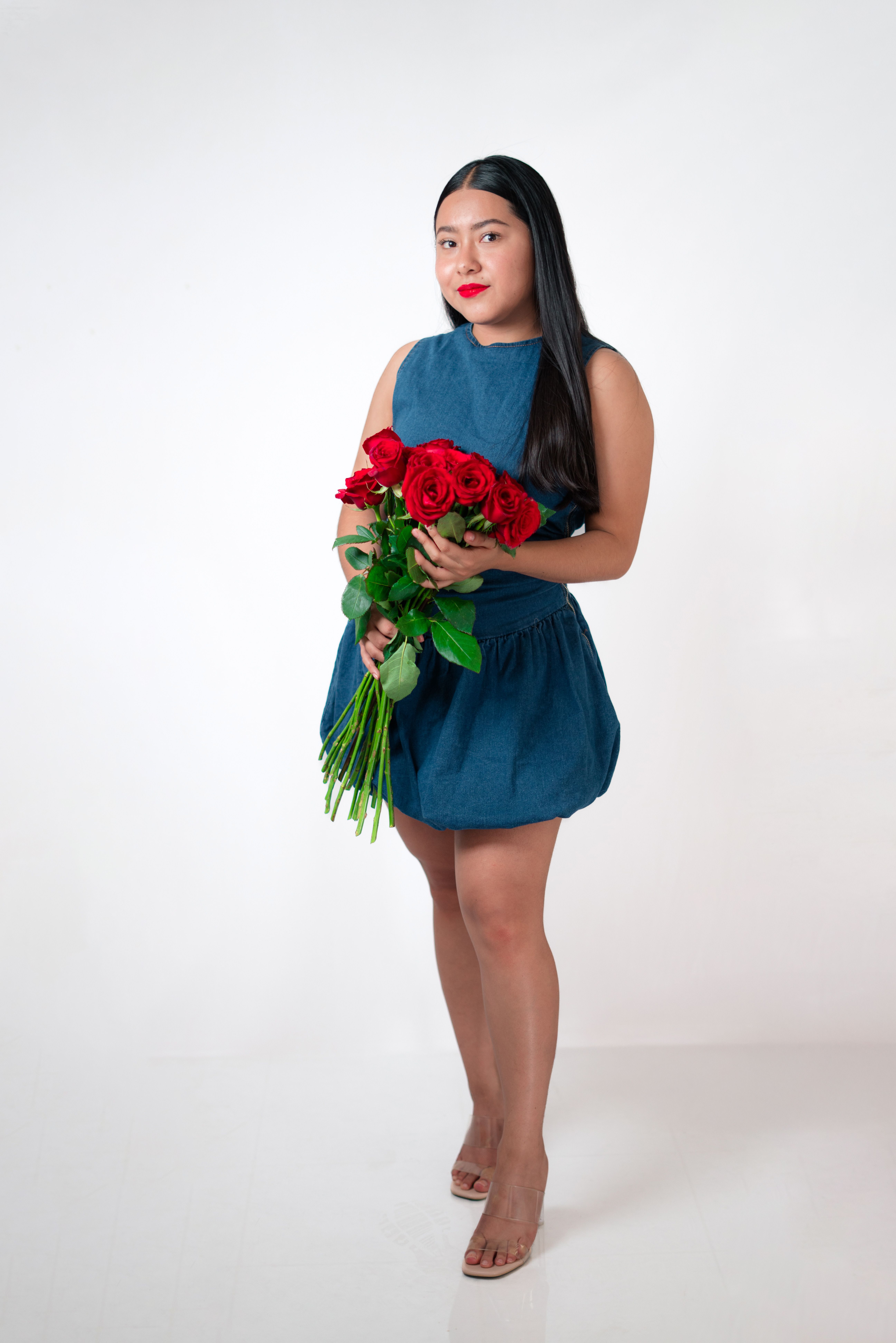 blue dress with red roses Liana Midnight Blue Rose Flare Dress – Little Wings Factory main image 0