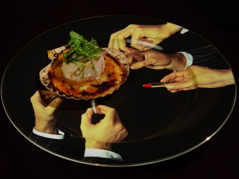 Elegant scallop dish served on a unique plate with hand illustrations. Perfect for culinary art lovers.