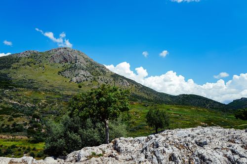 Free Breathtaking view of a lush green mountain under a vibrant blue sky, ideal for nature lovers. Stock Photo