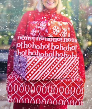 一位女子在白雪皑皑的户外，开心地捧着一堆红色圣诞礼物