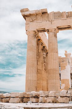 High angle view of the iconic Parthenon temple ruins in Athens showcasing ancient Greek architecture.