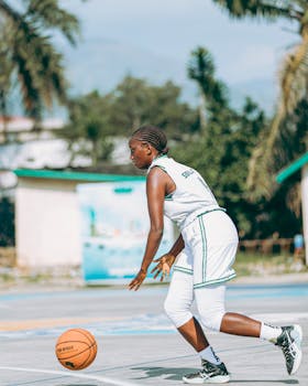 Focused female athlete dribbling basketball on outdoor court surrounded by palm trees.