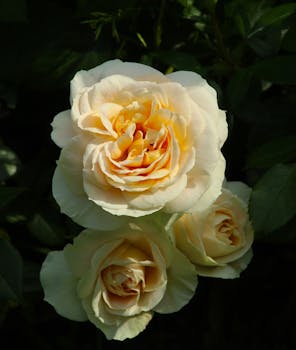 Close-up of three beautiful yellow roses in full bloom against a dark leafy background.