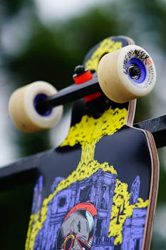 Colorful skateboard with unique design leaning against a railing outdoors.