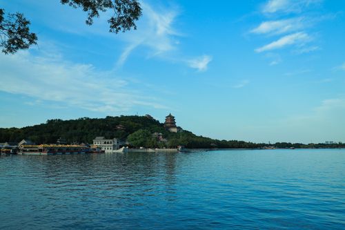Free A scenic view of the Summer Palace in Beijing with lush greenery and a calm lake under a bright blue sky. Stock Photo