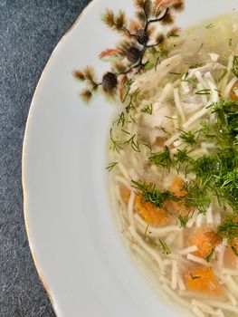 Warm chicken noodle soup with herbs on an elegant plate.