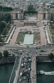 A stunning aerial view of Trocadéro Gardens and Seine traffic in Paris, France.