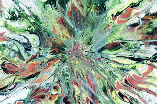 Colorful abstract fluid painting with swirling bold patterns and vivid colors creating a dynamic visual effect.
