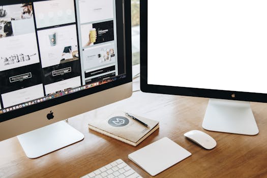 High-angle view of a stylish work desk featuring dual monitors, keyboard, mouse, and modern accessories.