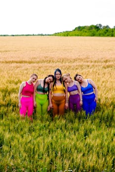 Five diverse women in vibrant athletic wear standing together in a lush wheat field.