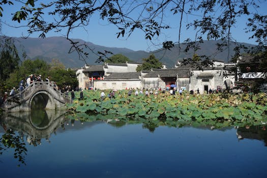 Scenic view of a traditional Chinese garden featuring a stone bridge and lake with lotus plants and a historic building.